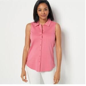 Isaac Mizrahi Women's Collared Button-Front Pima Cotton Top - Size XL, Pink